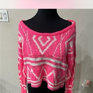 2B Bebe Pink and White Off-the-Shoulder Sweater